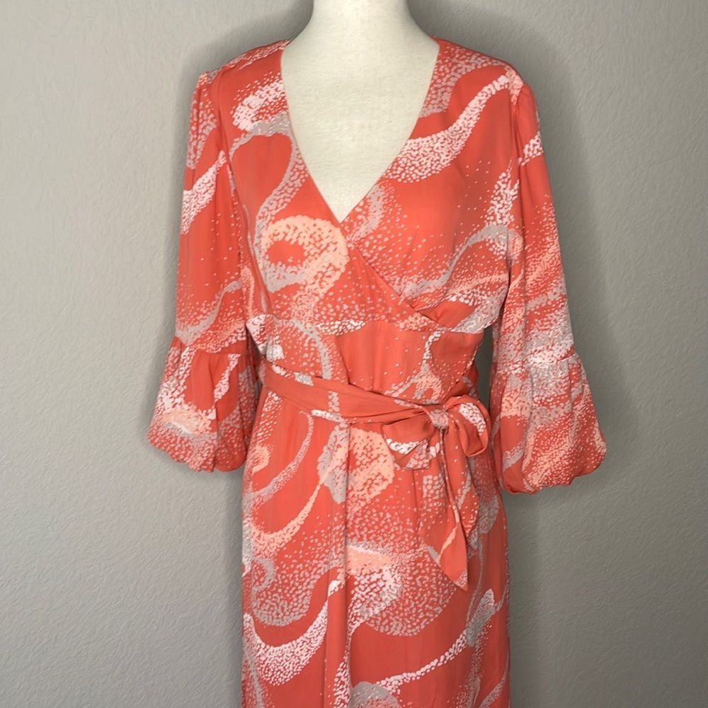 EMMA JAMES high waisted v neck midi peach/grey spring dress